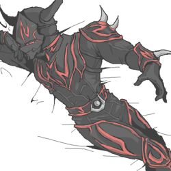 1boy armor bad_id bad_pixiv_id bedding_background black_armor hand_on_own_cheek hand_on_own_face jinta kamen_rider kamen_rider_den-o_(series) lying male_focus monster monster_boy negataros on_back on_bed oni red_eyes red_markings resized smirk spiked_armor squinting upscaled waifu2x white_sheet