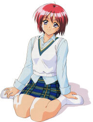 1girl blue_eyes closed_mouth collarbone dot_nose female_focus full_body hair_between_eyes happy hinomoto_hikari long_sleeves looking_at_viewer mole mole_under_eye no_shoes official_art red_hair shadow short_hair simple_background sitting skirt smile socks solo tokimeki_memorial tokimeki_memorial_2 vest white_background white_socks
