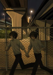 Rule 34 | 2boys, absurdres, black pants, chain-link fence, closed eyes, collared shirt, commentary, fence, from side, happy, highres, holding hands, lamppost, male focus, multiple boys, night, open mouth, original, outdoors, pants, running, satoaku0626, scenery, school uniform, shirt, short hair, smile, white shirt, yaoi, yellow theme