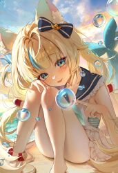 1girl absurdres ahoge animal_ear_fluff animal_ears bare_legs beach blonde_hair blue_bow blue_eyes blue_hair blue_sailor_collar blush bow bubble cat_ears commentary convenient_leg damoong dress fang fins fish_girl fish_tail frilled_dress frills hair_bow hair_ornament highres index_finger_raised indie_virtual_youtuber knees_up legs long_hair looking_at_viewer low_twintails multicolored_hair one_side_up open_mouth outdoors sailor_collar sailor_dress sameko_saba sand sitting sleeveless sleeveless_dress smile solo streaked_hair striped_clothes tail thighs twintails very_long_hair virtual_youtuber white_dress