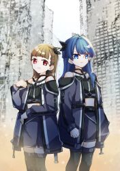 2girls ampere_(love_live!) bare_shoulders black_shirt black_thighhighs blue_coat blue_skirt braid center-flap_bangs closed_mouth coat collarbone commentary dollchestra feet_out_of_frame frown hair_intakes half_updo kachimachi_kosuzu kanduki_kamibukuro link!_like!_love_live! long_hair love_live! miniskirt multiple_girls murano_sayaka off-shoulder_coat off_shoulder official_alternate_costume open_clothes open_coat pleated_skirt post-apocalypse ruins shirt side_braid skirt sleeveless sleeveless_shirt standing thighhighs virtual_youtuber zettai_ryouiki