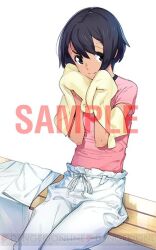 Rule 34 | 1girl, black hair, bob cut, closed mouth, daitoku junna, dark-skinned female, dark skin, dengeki online, dougi, fukuda tomonori, grey eyes, hair between eyes, holding, karate gi, looking at viewer, official art, pants, pink shirt, robotics;notes, sample watermark, science adventure, shirt, short hair, simple background, sitting, smile, solo, towel, watermark, white background, white pants, wiping face