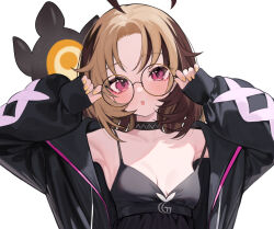 1girl ahoge alternate_costume alternate_hairstyle armpits bare_shoulders black_choker black_dress black_jacket blonde_hair breasts brown_hair choker cleavage commentary cross-laced_clothes cross-laced_sleeves curtained_hair dress gigi_murin glasses high-waist_dress highres hololive hololive_english hoshi_usagi jacket looking_at_viewer medium_hair multicolored_hair off_shoulder open_clothes open_jacket open_mouth pink_eyes short_hair simple_background sleeves_past_wrists small_breasts solo spaghetti_strap strap_slip tail two-tone_hair upper_body virtual_youtuber white_background