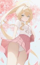 1girl absurdres blonde_hair blue_archive blush cherry_blossoms commentary_request gmi_(jimmyovob) green_eyes hair_between_eyes hair_ornament hairclip halo highres id_card lanyard long_hair looking_at_viewer panties pantyshot petals pink_skirt pleated_skirt ponytail professor_niyaniya_(blue_archive) red_bag skirt smile solo standing sweater thighs turtleneck turtleneck_sweater underwear very_long_hair white_panties white_sweater yellow_halo