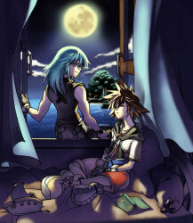 2boys bed bed_frame bedroom belt black_gloves black_jacket blue_belt blue_eyes blue_hair boat book brown_hair chain chain_necklace closed_eyes cloud cloudy_sky commentary cropped_jacket eguana english_commentary facing_away full_moon gloves hood hood_down hooded_jacket island jacket jewelry jumpsuit kingdom_hearts kingdom_hearts_i looking_back male_focus medium_hair moon moonlight multiple_boys necklace night night_sky ocean on_bed open_clothes open_jacket open_window pants red_jumpsuit riku_(kingdom_hearts) sailboat shirt shoes short_hair short_jumpsuit sitting sky sleeping sleeveless sleeveless_shirt smile sora_(kingdom_hearts) toy tree watercraft white_gloves wind window window_blinds windowsill wristband yellow_shirt yellow_shoes zipper