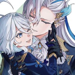 1boy 1girl ahoge blue_eyes blue_jacket closed_eyes collar couple cowlick frilled_sleeves frills furina_(genshin_impact) genshin_impact gloves green_background hair_between_eyes hair_ornament hand_on_another&#039;s_face hug jacket long_hair medium_hair neuvillette_(genshin_impact) one_eye_closed saya_(ponzu) smile translation_request two-tone_background white_background white_collar white_hair
