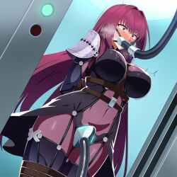 1girl absurdres amibanottoki armor arms_behind_back bdsm between_breasts blush bodysuit bondage bound bound_arms bound_legs breasts commentary_request covered_navel fate/grand_order fate_(series) gagged highres in_container large_breasts long_hair pauldrons purple_bodysuit purple_hair red_eyes restrained scathach_(fate) shoulder_armor strap_between_breasts sweat tube