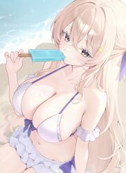 1girl bare_shoulders beach bikini bikini_skirt blonde_hair blush breasts cleavage collarbone eating food green_eyes hair_ornament hair_ribbon highres holding holding_food holding_popsicle large_breasts long_hair namedango_(uouodango) navel original popsicle ribbon sand solo stomach swimsuit very_long_hair water white_bikini