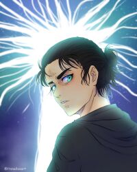 1boy aqua_eyes black_hair black_hoodie commentary english_commentary eren_yeager from_behind hair_bun highres hood hoodie itsnailasart looking_back male_focus shingeki_no_kyojin single_hair_bun solo twitter_username