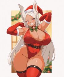 1girl :d animal_ears areola_slip armpits arms_behind_head arms_up bare_shoulders bell belt belt_around_waist black_belt blurry blurry_background blush boku_no_hero_academia border bow bowtie breasts christmas cleavage cleavage_cutout clothing_cutout commentary contrapposto curvy dark-skinned_female dark_skin elbow_gloves english_commentary fur-trimmed_headwear fur_trim gloves green_bow green_bowtie hat highleg highleg_leotard highres huge_breasts leotard long_eyelashes long_hair looking_at_viewer mirko neck_bell open_mouth parted_bangs rabbit_ears rabbit_girl rabbit_tail red_eyes red_gloves red_hat red_leotard red_thighhighs santa_gloves santa_hat sideboob signature skindentation smile solo tail thick_thighs thigh_gap thighhighs thighs very_long_hair vizaz white_border white_hair wide_hips