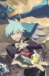 1boy aron ascot blue_eyes dutch_angle e_volution fingernails gem gen_3_pokemon grey_hair hand_on_own_chest hands_up holding jacket jewelry long_sleeves looking_at_another looking_at_viewer male_focus mega_metagross mega_pokemon metagross nintendo open_clothes open_jacket open_mouth outstretched_arm pokemon pokemon_(creature) pokemon_oras red_eyes ring short_hair steven_stone stone suit_jacket