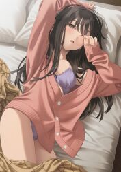 1girl bed black_eyes black_hair bra cardigan commentary_request head_on_pillow highres long_hair long_sleeves lying momikyo67528 on_back on_bed open_mouth original panties pillow pink_cardigan purple_bra purple_panties rubbing_eyes sleeves_past_wrists solo thighs tongue underwear waking_up