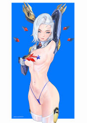 1girl amatiz arm_behind_head armpits ass bikini black_gloves blue_background blue_eyes border breasts character_request collar copyright_request covered_erect_nipples cowboy_shot cropped_legs detached_sleeves gloves grey_hair highres looking_at_viewer medium_breasts medium_hair micro_bikini mole mole_on_armpit mole_on_breast multiple_moles narrow_waist navel pasties patreon_username pussy red_gloves ribs scar scar_on_face scar_on_mouth skindentation solo standing swimsuit thighhighs white_border white_thighhighs