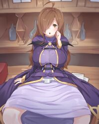 1girl :o ahoge arm_support belt breasts brown_eyes brown_hair coat counter covered_erect_nipples cross glass_bottle hair_between_eyes hair_over_one_eye hand_in_own_hair highres kono_subarashii_sekai_ni_shukufuku_wo! large_breasts latin_cross long_hair looking_at_viewer mocomori open_mouth paper pov purple_coat solo spread_legs table wiz_(konosuba) wooden_table