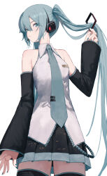 1girl aqua_eyes aqua_hair aqua_nails aqua_necktie aqua_trim bare_shoulders black_sleeves breasts closed_mouth collared_shirt commentary cowboy_shot detached_sleeves from_below hair_between_eyes hair_ornament hand_up hatsune_miku headset highres holding holding_hair_ornament kakoto long_hair looking_at_viewer miniskirt necktie pleated_skirt shirt sidelocks sideways_glance simple_background skirt sleeveless sleeveless_shirt small_breasts solo standing thighhighs tie_clip turning_head twintails very_long_hair vocaloid white_background white_shirt wing_collar