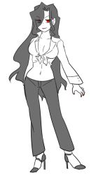 1girl akariya_kuubu black_hair black_pants breasts cleavage collared_shirt evil_smile fingernails genderswap genderswap_(mtf) hair_over_one_eye high_heels large_breasts lipstick long_fingernails long_hair looking_at_viewer makeup melty_blood michael_roa_valdamjong midriff navel pants red_eyes red_lips red_nails shirt smile tied_shirt tsukihime vampire white_shirt