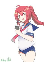 1girl absurdres ahoge blue_one-piece_swimsuit blue_sailor_collar cellphone hair_ribbon highres i-168_(kancolle) kantai_collection long_hair neckerchief old_school_swimsuit one-hour_drawing_challenge one-piece_swimsuit open_mouth phone ponytail red_eyes red_hair red_neckerchief ribbon robinson_(day_l_full) sailor_collar sailor_shirt school_swimsuit school_uniform serafuku shirt simple_background solo swimsuit swimsuit_under_clothes twitter_username white_background
