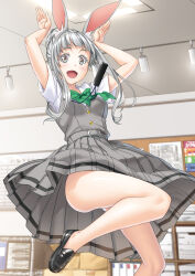 Rule 34 | 1girl, :d, animal ears, ass, bare legs, belt, blunt bangs, bow, bowtie, bulletin board, dress, dress shoes, green bow, green bowtie, grey dress, grey eyes, grey hair, hair bun, highres, indoors, ivy (magical explorer), kannatsuki noboru, magical explorer, no socks, novel illustration, official art, open mouth, paper, pleated dress, rabbit ears, rabbit girl, rabbit pose, second-party source, smile, solo, standing, standing on one leg