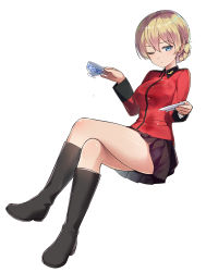 10s 1girl absurdres black_boots black_skirt blonde_hair blue_eyes blush boots braid commentary_request crossed_legs cup darjeeling_(girls_und_panzer) female_focus girls_und_panzer highres invisible_chair knee_boots long_hair long_sleeves looking_at_viewer military miniskirt ninnzinn one_eye_closed pleated_skirt saucer sitting skirt solo teacup thighs
