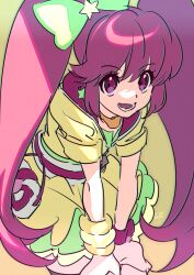 1girl aino_megumi bow cowboy_shot cure_lovely cure_lovely_(lollipop_hip_hop) dress earrings eyelashes frilled_skirt frills gold_necklace green_background green_bow green_skirt hair_between_eyes hair_bow hair_ornament hands_on_own_thighs happinesscharge_precure! happy heart highres hood hood_down hooded_dress jewelry leaning_forward long_hair lower_teeth_only magical_girl miniskirt necklace official_alternate_costume open_mouth pink_eyes pink_hair pink_hood pleated_skirt precure shipu_(gassyumaron) short_dress short_sleeves simple_background skirt skirt_under_dress sleeve_cuffs smile solo star_(symbol) star_earrings star_hair_ornament tareme teeth twintails very_long_hair waist_bag watch white_bag wristband wristwatch yellow_dress zipper_pull_tab