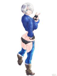 1girl angel_(kof) ass blue_eyes boots breasts butt_crack female_focus from_behind gloves grabbing_own_ass huge_breasts jacket large_breasts latex leather leather_jacket looking_at_viewer looking_back pale_skin panties short_hair smile smiley_face standing the_king_of_fighters thighs tight_clothes underwear wb_kof wbkof white_hair