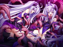 Rule 34 | 1boy, 2girls, :d, ahoge, amakubo kaede, amakubo yuri, anal, ass, bare shoulders, bisexual female, black gloves, blush, breasts, censored, clothed sex, clothing aside, corruption, cowgirl position, cum, cum overflow, cunnilingus, dark persona, double penetration, elbow gloves, femdom, ffm threesome, game cg, girl on top, gloves, group sex, hair intakes, hair ornament, heart, heart-shaped pupils, hetero, highleg, highleg leotard, holding hands, inoino, kouyoku senki exs-tia, large variant set, layered skirt, leotard, leotard aside, long hair, mosaic censoring, multiple girls, nipples, non-web source, official art, open mouth, oral, penis, purple background, purple eyes, purple hair, purple leotard, pussy, pussy juice, red eyes, restrained, rextia lili, rextia mei, sex, shihou souma, shimaidon (sex), showgirl skirt, siblings, sisters, sitting, sitting on face, sitting on person, skirt, smile, straddling, symbol-shaped pupils, tentacle sex, tentacles, thighhighs, thong leotard, threesome, tongue, twintails, vaginal, variant set, very long hair, white hair