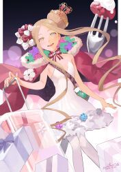1girl abigail_williams_(fate) abigail_williams_(santa)_(fate) bare_shoulders blonde_hair blue_eyes blush bow box breasts cloak double_bun dress fate/grand_order fate_(series) food forehead fork fruit fur-trimmed_cloak fur_trim gift gift_box hair_bow hair_bun highres long_hair looking_at_viewer open_mouth oversized_food oversized_object pantyhose parted_bangs red_bow red_cloak rolling_suitcase sash sidelocks small_breasts smile solo strawberry stuffed_animal stuffed_toy suitcase teddy_bear thighs tiara very_long_hair white_bow white_dress white_pantyhose yatsushiro_(8246428)