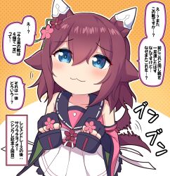 1girl :3 animal_ears black_gloves blue_eyes brown_hair commentary_request detached_sleeves ear_covers fingerless_gloves gloves highres horse_ears horse_girl horse_tail japanese_clothes sakura_chiyono_o_(umamusume) short_hair solo speech_bubble tail tail_wagging takiki translation_request umamusume