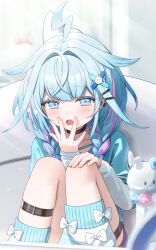 Rule 34 | 1girl, absurdres, ahoge, akabino, asymmetrical legwear, black choker, blue eyes, blue hair, blue shirt, blue socks, blunt bangs, blurry, blurry background, braid, choker, commentary, covering own mouth, day, hair between eyes, hair flaps, hair ornament, hairclip, hand over own mouth, highres, hololive, hololive dev is, indoors, knees up, layered sleeves, lightning ahoge, long hair, long sleeves, loose socks, low twin braids, mizumiya su, multicolored hair, open mouth, pink hair, shirt, short over long sleeves, short sleeves, sitting, socks, solo, streaked hair, striped clothes, striped socks, symbol-only commentary, thigh strap, twin braids, uneven legwear, virtual youtuber, yawning