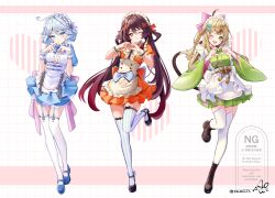 3girls absurdres alternate_costume apron asahi_(vjss4548) black_shoes blue_dress blue_eyes blue_hair blue_shoes boots bright_pupils brown_boots brown_hair cat_tail closed_mouth commentary_request dress drop-shaped_pupils enmaided flower-shaped_pupils full_body furina_(genshin_impact) garter_straps genshin_impact green_eyes green_skirt grey_hair hair_between_eyes heart heart_hands highres hu_tao_(genshin_impact) japanese_clothes kirara_(genshin_impact) long_hair long_sleeves looking_at_viewer maid multicolored_hair multiple_girls nekomata one_eye_closed open_mouth orange_dress red_eyes scrunchie shoes short_hair short_sleeves skirt slit_pupils standing standing_on_one_leg streaked_hair striped_clothes striped_thighhighs symbol-shaped_pupils tail thighhighs twintails white_apron white_pupils white_thighhighs wide_sleeves wrist_scrunchie zettai_ryouiki