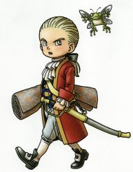 1boy 1other absurdres aged_down antennae aqua_eyes ascot black_bow black_shoes blanket blue_vest bow child coat creature_request dragon_quest dragon_quest_x eruju_(dq10) frog grey_pants hair_bow hair_pulled_back hand_on_hilt highres holding holding_blanket insect_wings looking_back looking_to_the_side low_ponytail official_art open_mouth pants ponytail red_coat scan scan_artifacts sheath sheathed shoes socks sword third-party_source toriyama_akira vest walking weapon white_ascot white_background white_socks wings