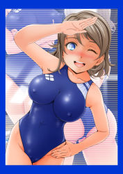 1girl blue_eyes blue_one-piece_swimsuit blush collarbone competition_swimsuit covered_erect_nipples covered_navel cowboy_shot grey_hair hand_on_own_hip highres impossible_clothes impossible_swimsuit looking_at_viewer love_live! love_live!_sunshine!! multiple_views nanashi_noiji one-piece_swimsuit one_eye_closed open_mouth salute short_hair smile standing swimsuit watanabe_you wavy_hair zoom_layer