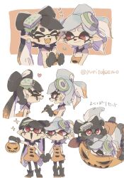 2girls :3 :d animalization applying_makeup artist_name black_hair black_pantyhose bow-shaped_hair callie_(splatoon) callie_(splatoween)_(splatoon) closed_eyes closed_mouth colored_tongue cousins detached_collar dress facepaint food gradient_hair grey_hair halloween halloween_bucket halloween_costume heart highres holding_hands inkling marie_(splatoon) marie_(splatoween)_(splatoon) multicolored_hair multiple_girls multiple_views nintendo official_alternate_costume official_alternate_hair_color open_mouth orange_dress orange_hair pantyhose pumpkin red_eyes smile sparkle splatoon_(series) splatoon_1 splatoon_3 strapless strapless_dress sushi tentacle_hair thick_eyebrows twintails white_background yuritokemo