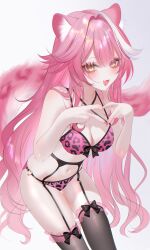 1girl 707arisu alternate_costume animal_ears bare_shoulders bikini black_thighhighs blush bow bow_bikini breasts cleavage commentary criss-cross_halter eyelashes fang fingernails four-finger_heart_hands frilled_thigh_strap garter_belt garter_straps hair_intakes halterneck heart heart_hands heart_o-ring highres hololive hololive_english large_breasts leopard_print_bikini long_hair looking_at_viewer multicolored_hair o-ring o-ring_bottom open_mouth panther_ears panther_girl panther_tail pink_bikini pink_hair pink_nails raora_panthera simple_background skin_fang smile solo streaked_hair swimsuit tail thigh_strap thighhighs three-quarter_sleeves virtual_youtuber white_background white_hair yellow_eyes