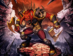 1boy 6+others armor axe belt bone chaos_(warhammer) claws cloud colored_skin demon demon_horns fangs gauntlets genzoman glowing glowing_eyes horns khorne knee_pads male_focus monster multiple_others muscular open_mouth outdoors pauldrons polearm red_eyes red_skin shoulder_armor skull sky solo spear spikes teeth tusks warhammer_40k weapon