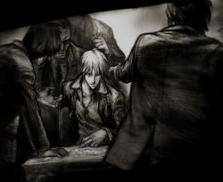 5boys akagi akagi:_yami_ni_oritatta_tensai akagi_shigeru formal_clothes fukumoto_mahjong greyscale male_focus monochrome multiple_boys pointing sitting suit