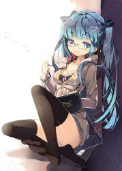 1girl aqua_eyes aqua_hair bad_id bad_pixiv_id bespectacled black_thighhighs book digital_media_player earbuds earphones female_focus glasses hair_ornament hair_ribbon hatsune_miku heart heart_hair_ornament ipod long_hair masushita ribbon sitting smile solo thighhighs twintails vocaloid