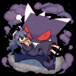 1girl @_@ absurdres black_footwear blush carrying clenched_hands commentary_request dress duplicate gen_1_pokemon gengar grin hairband hex_maniac_(pokemon) highres jaggy_lines looking_at_another nintendo open_mouth pixel-perfect_duplicate pokemon pokemon_(creature) pokemon_xy princess_carry purple_dress purple_hair rariatto_(ganguri) red_eyes smile smoke sweatdrop