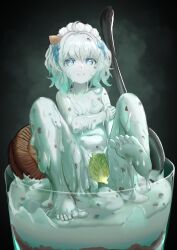 1girl bowl breasts candy chocolate chocolate_bar closed_mouth completely_nude dimensionless88 feet food glass_bowl green_eyes green_hair highres ice_cream indie_virtual_youtuber looking_at_viewer medium_hair mint_chocolate mint_fantome mint_leaf monster_girl navel nude pointy_ears slime_girl small_breasts smile solo spoon toes virtual_youtuber