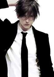 1boy asian black_hair black_necktie black_suit closed_mouth formal_clothes glasses highres leytoz male_focus necktie original photorealistic realistic shirt suit white_background white_shirt