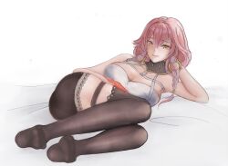 1girl absurdres black_thighhighs bohanqinyitou braid breasts changli_(wuthering_waves) cleavage feet full_body highres large_breasts legs long_hair looking_at_viewer lying no_shoes on_side pink_hair simple_background smile solo thighhighs white_background wuthering_waves