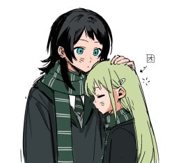 Rule 34 | 2girls, bang dream!, bang dream! it&#039;s mygo!!!!!, black hair, blue eyes, chinese commentary, closed eyes, commentary request, cracy logan, green hair, green necktie, green scarf, hair ornament, hairclip, headpat, highres, leaning on person, long hair, medium hair, multiple girls, necktie, scarf, simple background, sleepy, upper body, wakaba mutsumi, white background, yahata umiri