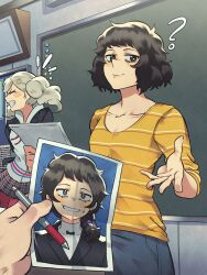 2girls ? absurdres aged_down andrich_galam blonde_hair closed_eyes collarbone highres kawakami_sadayo looking_at_viewer multiple_girls pen persona persona_5 smile takamaki_anne teeth