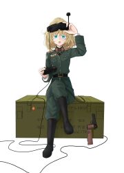 1girl 35th_marine_brigade :o absurdres arm_patch arm_up belt belt_around_waist black_boots blonde_hair blue_eyes boots breast_pocket cable collar_tabs controller crossed_legs flat_chest fpv_drone_operator green_jacket green_pants gun handgun handgun_stock highres holding holding_controller holding_removed_eyewear jacket knee_boots long_hair looking_at_viewer military_jacket military_operator military_uniform non-web_source open_mouth pants pocket red_collar_tabs russo-ukrainian_war sitting solo stechkin_aps tanya_degurechaff tanya_degurechaff_(sleepwalker) tongue transparent_background tryzub ukraine unworn_eyewear weapon youjo_senki