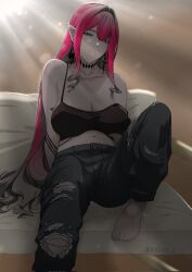 1girl baobhan_sith_(fate) barefoot breasts crop_top denim earrings fate/grand_order fate_(series) grey_eyes highres jeans jewelry kneehighs large_breasts long_hair looking_at_viewer navel pants pink_hair pointy_ears ragao_2 sidelocks sitting socks solo torn_clothes torn_jeans torn_pants