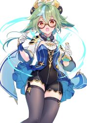 Rule 34 | 1girl, anemo symbol (genshin impact), animal ears, black leotard, black thighhighs, blush, commentary request, cowboy shot, garter straps, genshin impact, glasses, gloves, green hair, hair between eyes, hat, highres, kobayashi chisato, leotard, looking at viewer, open mouth, orange eyes, short hair, solo, sucrose (genshin impact), thighhighs, thighs, vial, vision (genshin impact)