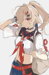 Rule 34 | 1girl, absurdres, ahoge, bag, bandages, black choker, black sailor collar, blonde hair, bracelet, chenxue (honkai impact), chest harness, choker, crop top, grey background, hair intakes, hair ornament, hair over one eye, harness, highres, honkai (series), honkai impact 3rd, jewelry, liliya qiaokuoai, long hair, looking at viewer, midriff, neckerchief, ponytail, red eyes, red neckerchief, sailor collar, sailor shirt, shirt, short sleeves, simple background, solo, spiked bracelet, spiked choker, spikes, white shirt, wrist wrap