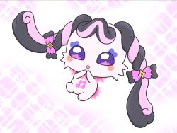 Rule 34 | 1girl, :o, beamed eighth notes, black bow, black hair, blush stickers, bow, butterfly bow, butterfly hair ornament, collar, commentary, creature, curly hair, facial mark, fairy, four-pointed star, full body, fur-trimmed collar, fur trim, hair bow, hair ornament, hands on own face, heart, heart facial mark, karon-t, kimi to idol precure, looking at viewer, mascot, meroron (precure), midair, multicolored bow, multicolored hair, musical note, no fingers, no humans, open mouth, own hands together, pink background, pink bow, pink collar, pink fur, pink hair, precure, purple eyes, short twintails, solo, sparkle, sparkle background, star-shaped pupils, star (symbol), star hair ornament, symbol-shaped pupils, tail, twintails, two-tone bow, two-tone hair