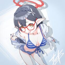 1girl absurdres ayane_(blue_archive) ayane_(swimsuit)_(blue_archive) bikini black_hair blue_archive breasts collarbone commentary feet_out_of_frame flower front-tie_bikini_top front-tie_top glasses hair_flower hair_ornament halo highres holding holding_tablet_pc looking_at_viewer medium_breasts navel official_alternate_costume open_mouth pointy_ears red-framed_eyewear red_halo short_hair shorts solo stomach striped_bikini striped_clothes swimsuit tablet_pc yellow_eyes yoshiomi