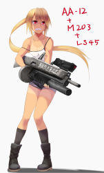 1girl aa-12 aai_corporation absurdres airtronic_usa automatic_shotgun bad_id bad_pixiv_id blonde_hair boots borrowed_character collarbone colt&#039;s_manufacturing_company colt_defense combat_shotgun commentary_request diemaco drum_magazine female_focus flat_chest full_body grenade_launcher grey_background gun high-capacity_magazine highres jessica_jefferson knees_together_feet_apart knight&#039;s_armament_company lewis_machine_and_tool_company long_sleeves m203 magazine_(weapon) onibi_(foxhound4185) original ponytail red_eyes rm_equipment shirt_tan short_shorts shorts shotgun solo standing tan tank_top tanline u.s._ordnance underbarrel_grenade_launcher weapon